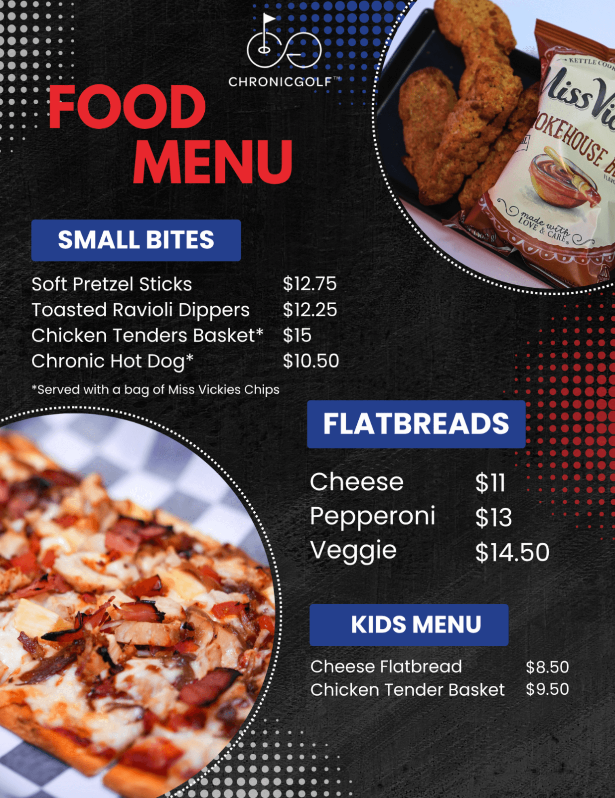 <p>Enjoy our adult & kid friendly menu while playing </p>